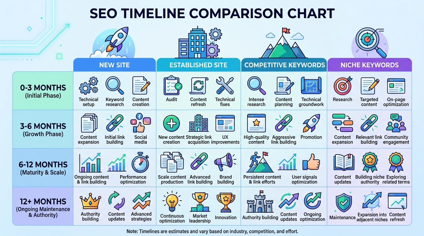 Comparison chart showing SEO timelines for different scenarios - new site, established site, competitive vs niche keywords