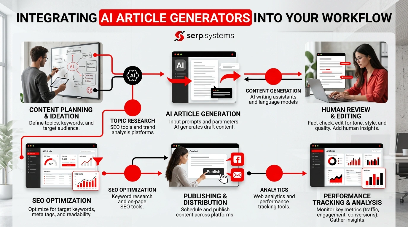 infographic showing workflow integration points for AI article generators with serp.systems logo