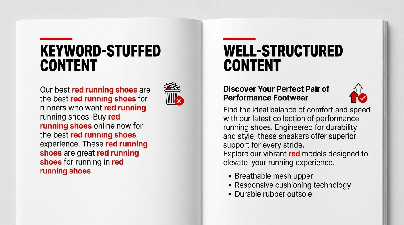 Side-by-side comparison of keyword-stuffed vs. well-structured content