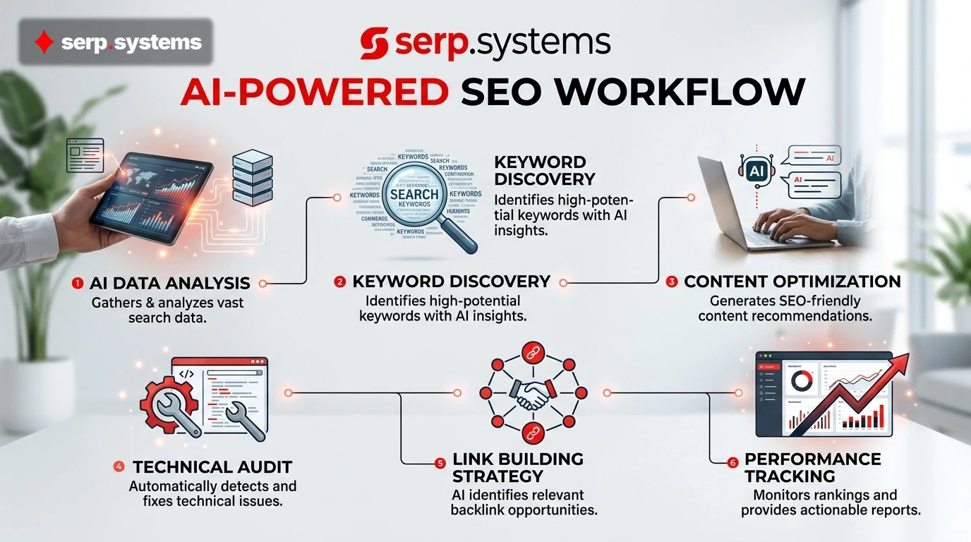 Infographic showing serp.systems logo with AI-powered SEO workflow steps