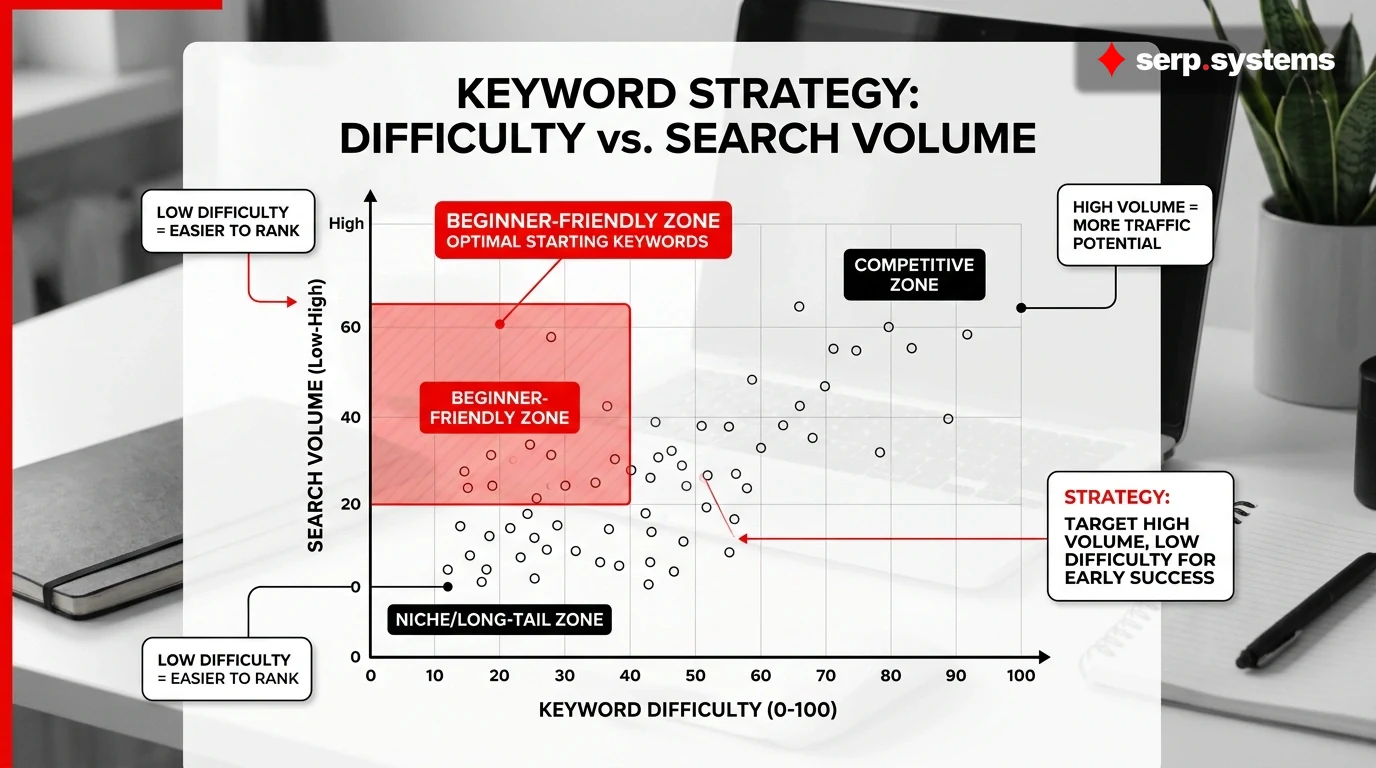 Infographic showing keyword difficulty vs search volume scatter plot with beginner-friendly zones highlighted