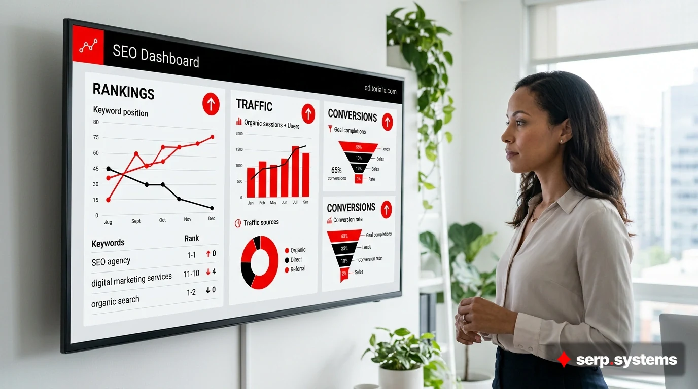 Dashboard infographic showing key SEO metrics (rankings, traffic, conversions) with trend arrows