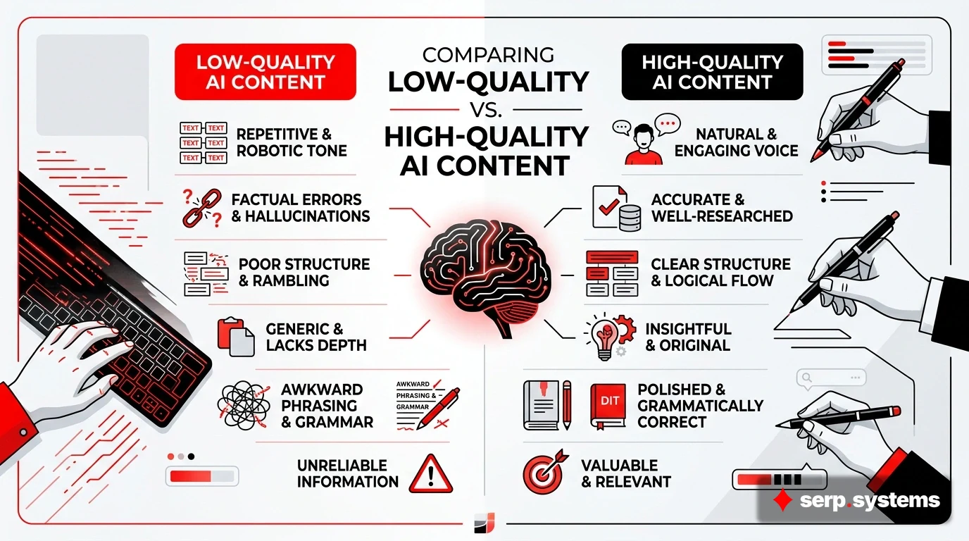 Infographic showing comparison between low-quality and high-quality AI content characteristics