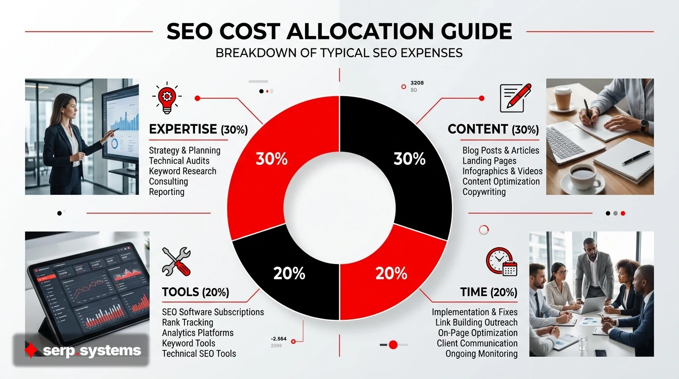 Infographic showing SEO cost categories: time, tools, content, and expertise, with percentage allocations