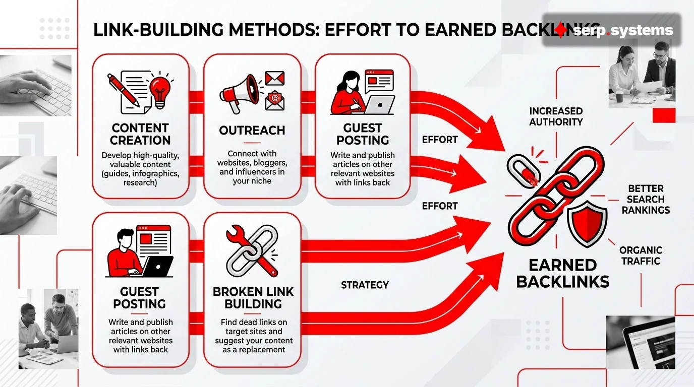 Diagram showing link-building methods (content creation, outreach, guest posting, broken link building) with arrows indicating the flow from effort to earned backlinks