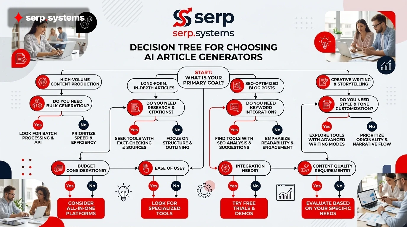 infographic showing serp.systems logo with decision tree for choosing AI article generators