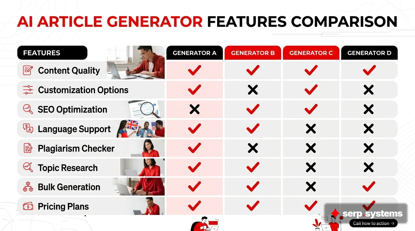 infographic comparing AI article generator features with checkmarks and X marks