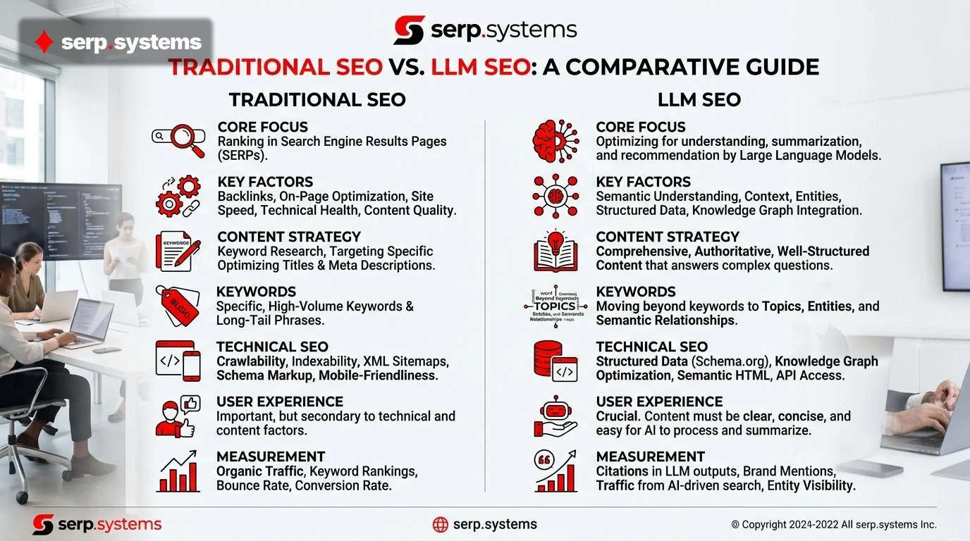 Infographic comparing traditional SEO vs. LLM SEO factors side-by-side with serp.systems logo