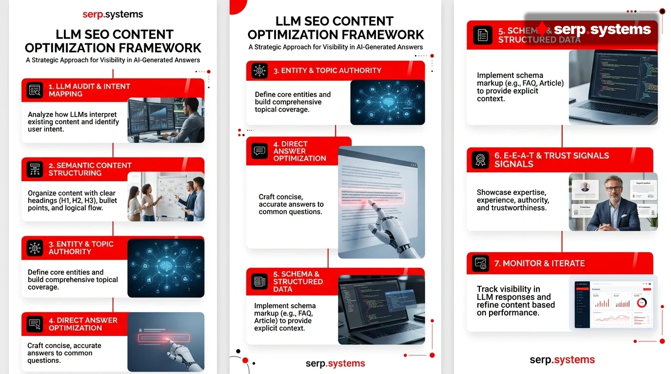 Infographic showing content optimization framework for LLM SEO with serp.systems branding