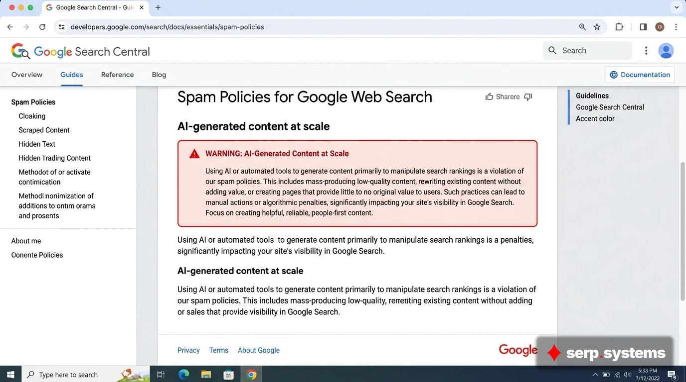 Screenshot of Google Search Central guidelines warning about AI-generated content at scale