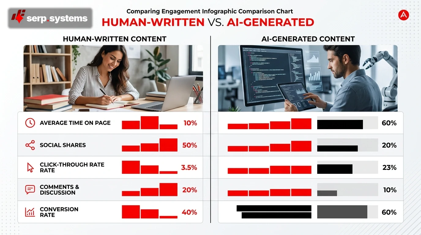 Comparison chart showing engagement metrics for human-written vs. AI-generated content