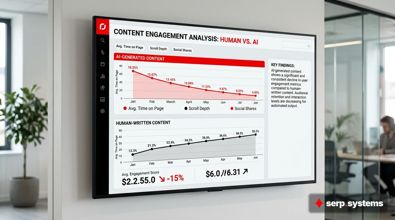 Dashboard showing user engagement metrics declining for AI-generated content versus human-written content