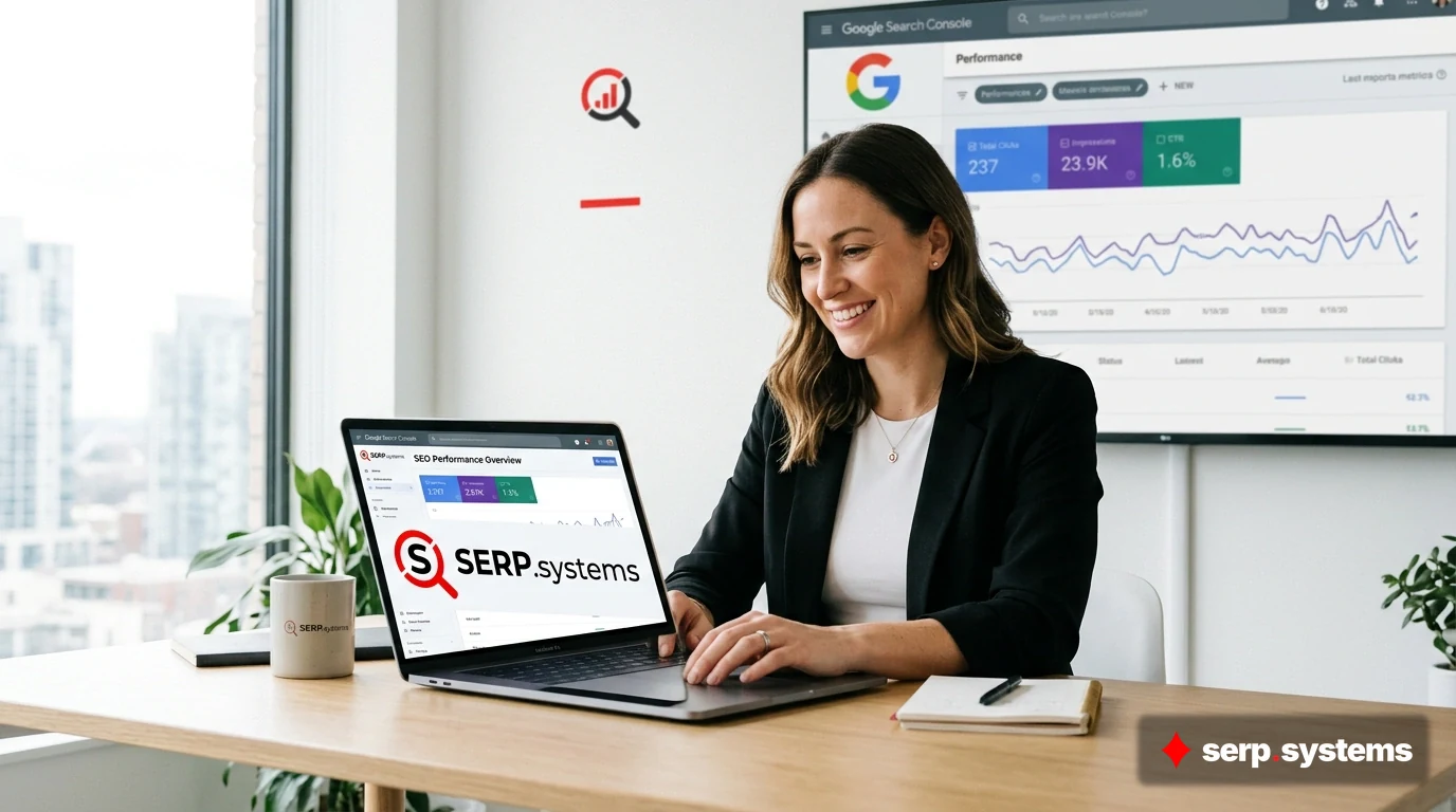 serp.systems logo with Google Search Console interface elements in the background