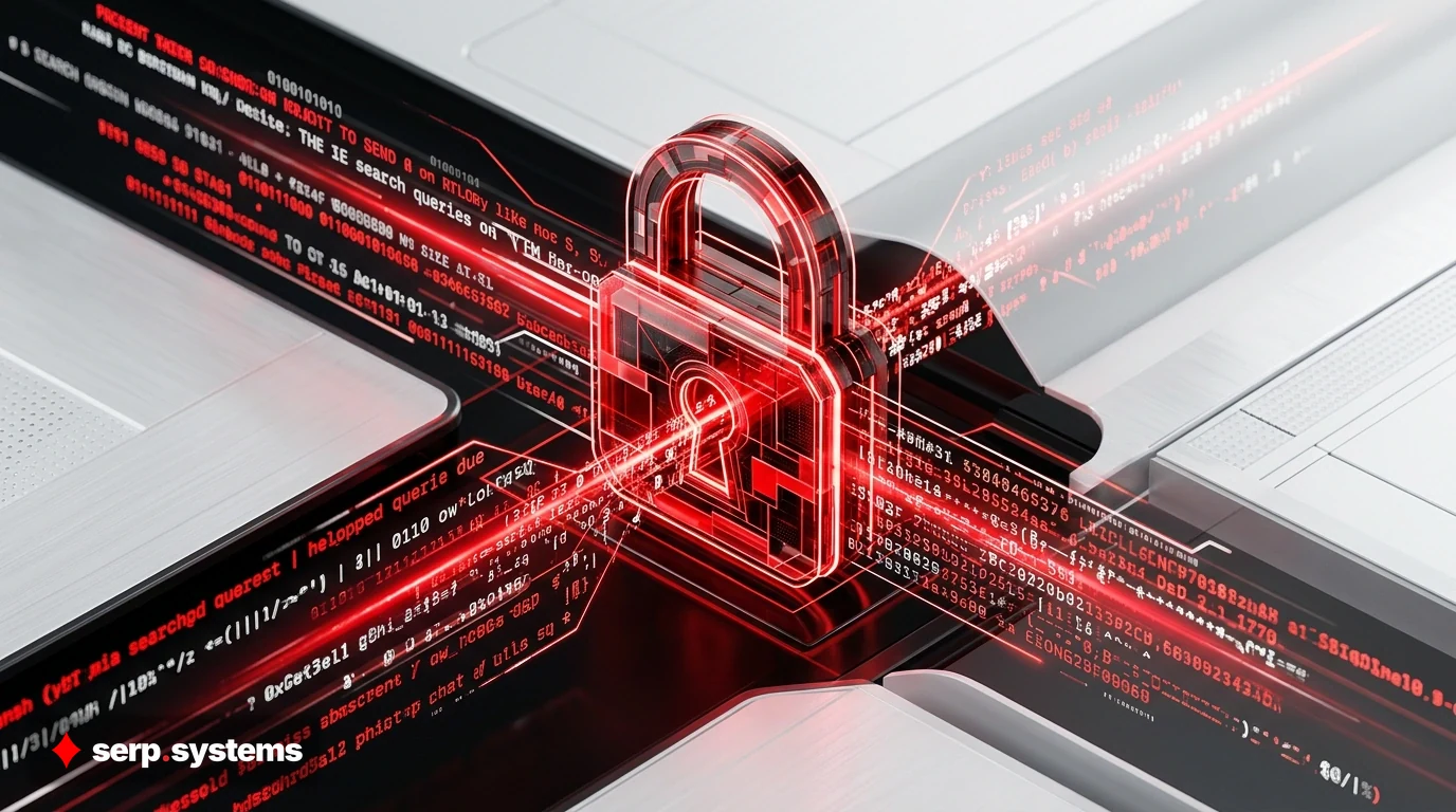 Abstract illustration showing encrypted search queries with a lock icon