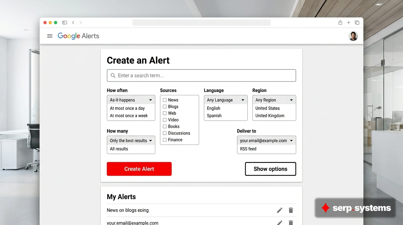 Screenshot mockup of Google Alerts setup interface