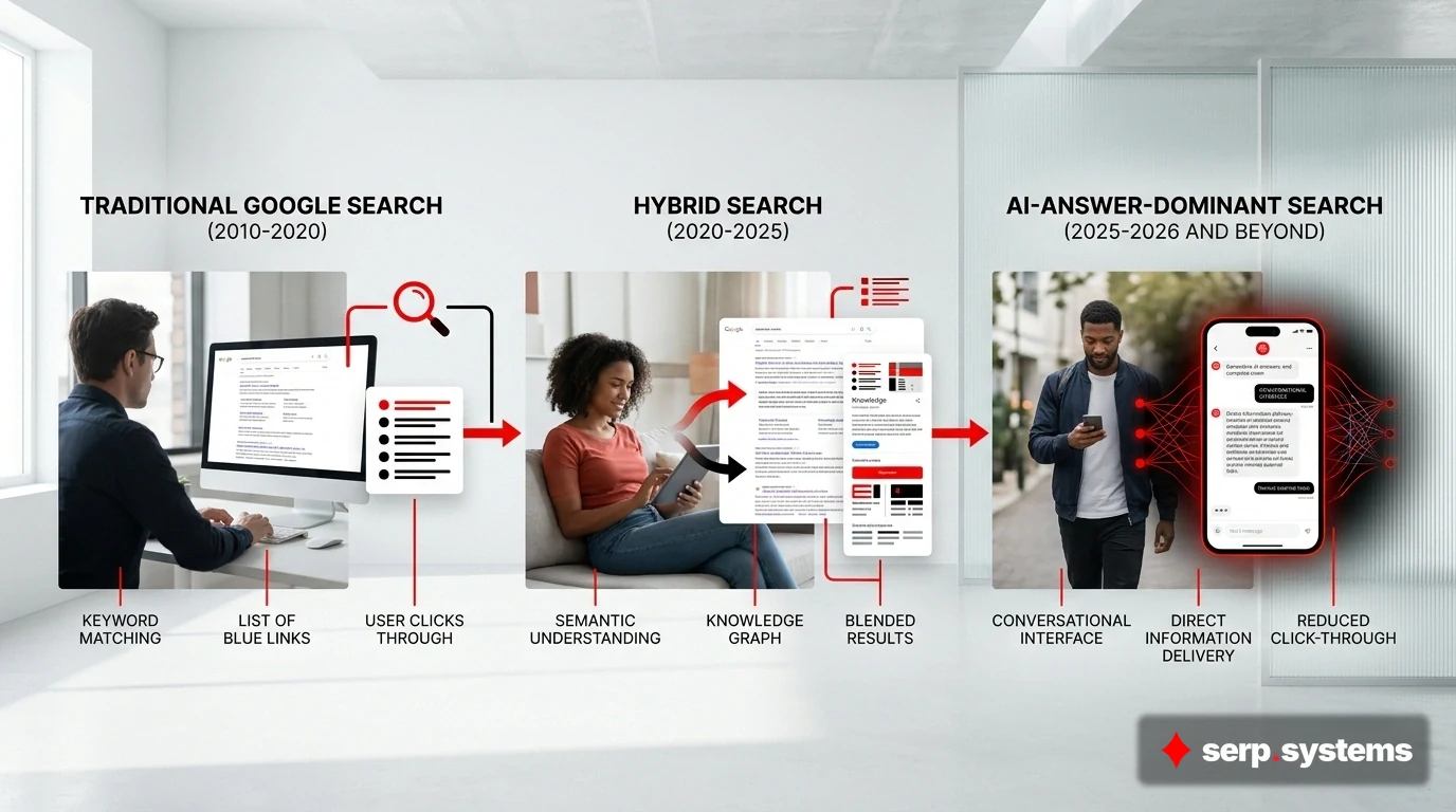 Timeline infographic showing the evolution from traditional Google search (2010-2020) to hybrid search (2020-2025) to AI-answer-dominant search (2025-2026 and beyond)