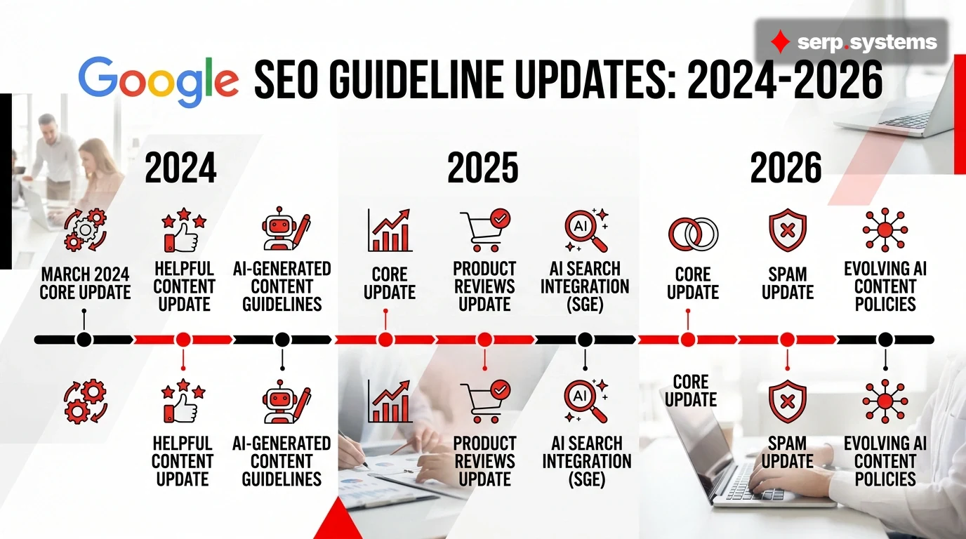 Infographic showing Google logo with a timeline of major SEO guideline updates from 2024-2026, including core updates, helpful content updates, and AI-related changes