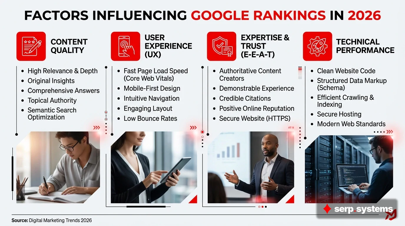 Infographic depicting factors that influence Google rankings in 2026, including content quality, user experience, expertise, and technical performance