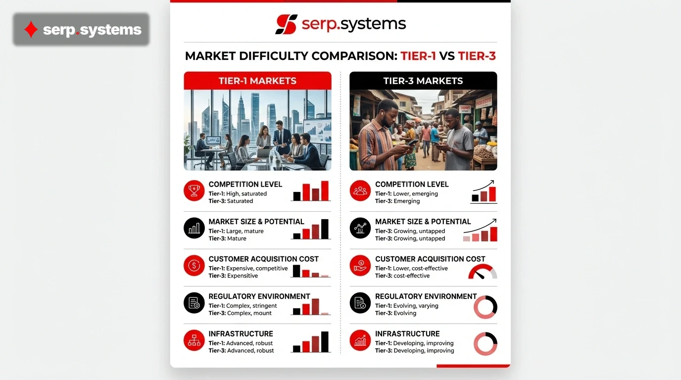 Infographic showing Tier-1 vs Tier-3 market difficulty comparison with serp.systems logo