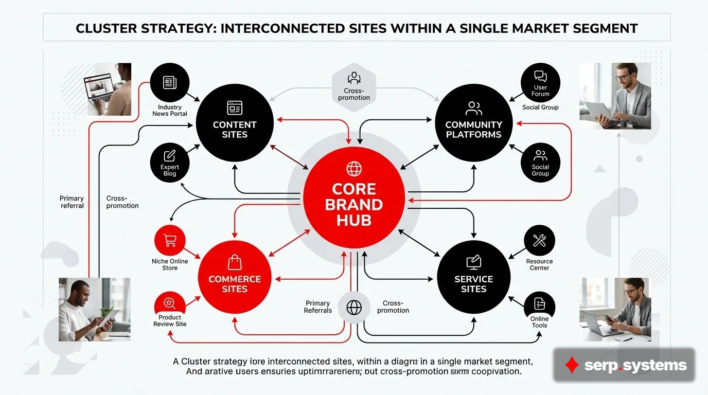 Cluster strategy diagram showing interconnected sites within a single market segment
