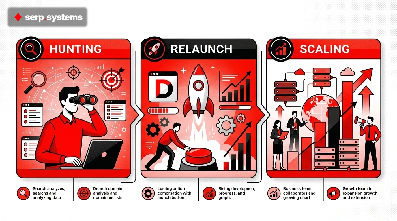 Three-stage drop domain workflow infographic showing hunting, relaunch, and scaling phases
