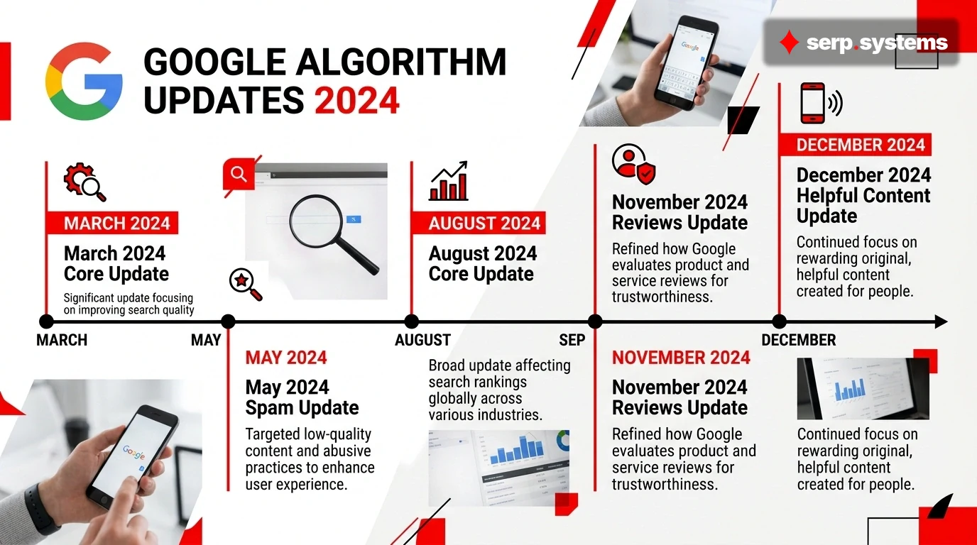 Infographic showing Google logo with timeline of 2024 algorithm updates marked chronologically from March through December