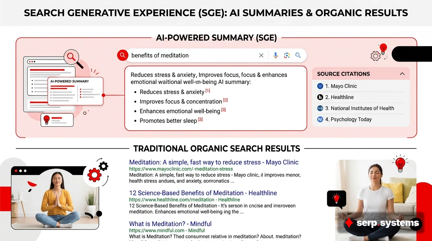 Infographic showing how Search Generative Experience displays AI summaries above traditional organic results with source citations