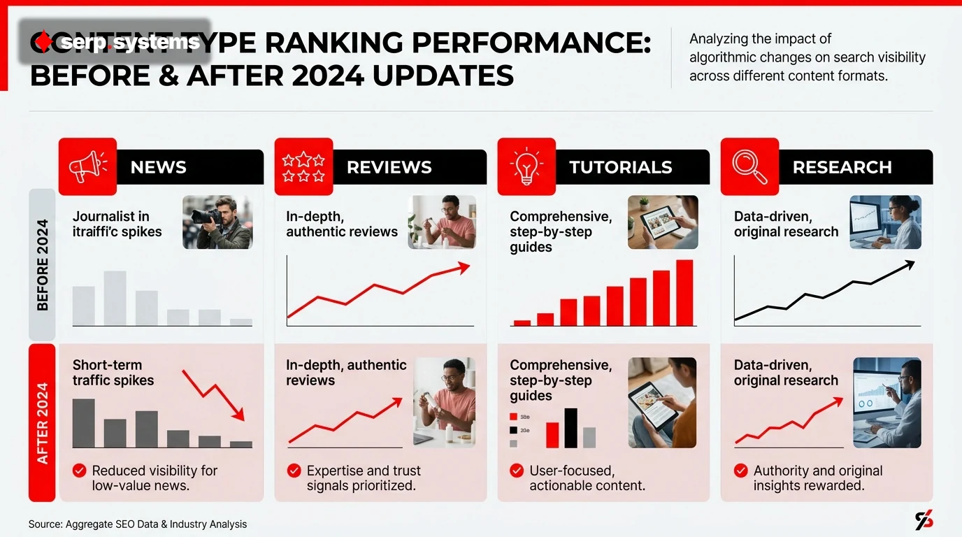 Infographic comparing ranking performance of different content types (news, reviews, tutorials, research) before and after 2024 updates