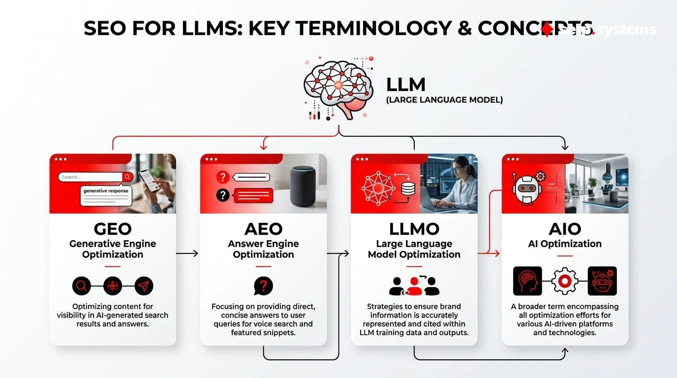 Diagram showing different terminology for SEO for LLMs with GEO, AEO, LLMO, and AIO labels