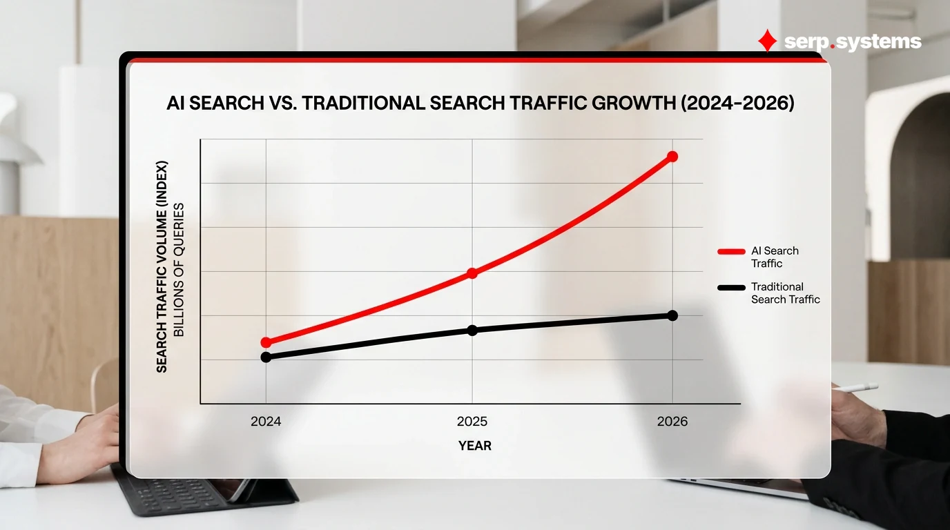 Chart showing growth of AI search traffic vs traditional search from 2024-2026