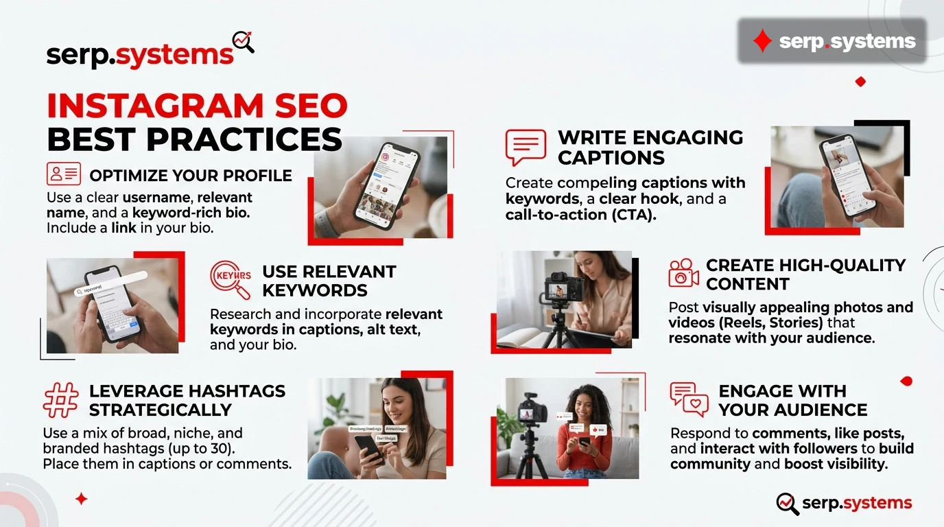 Infographic showing Instagram SEO best practices with serp.systems logo