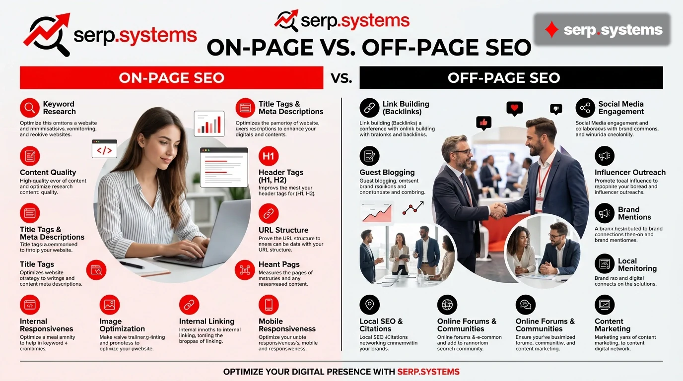 serp.systems logo with SEO elements - on-page and off-page split infographic