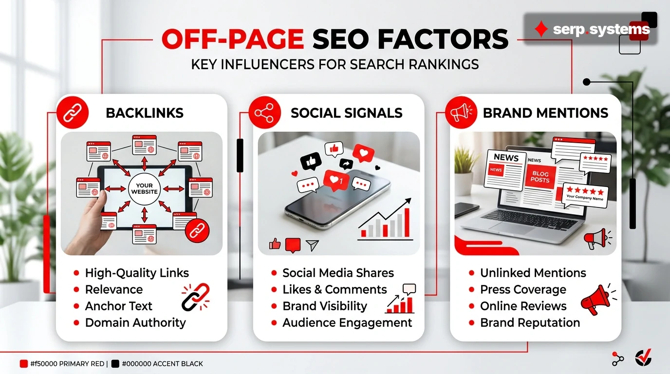 Off-page SEO factors infographic showing backlinks, social signals, and brand mentions
