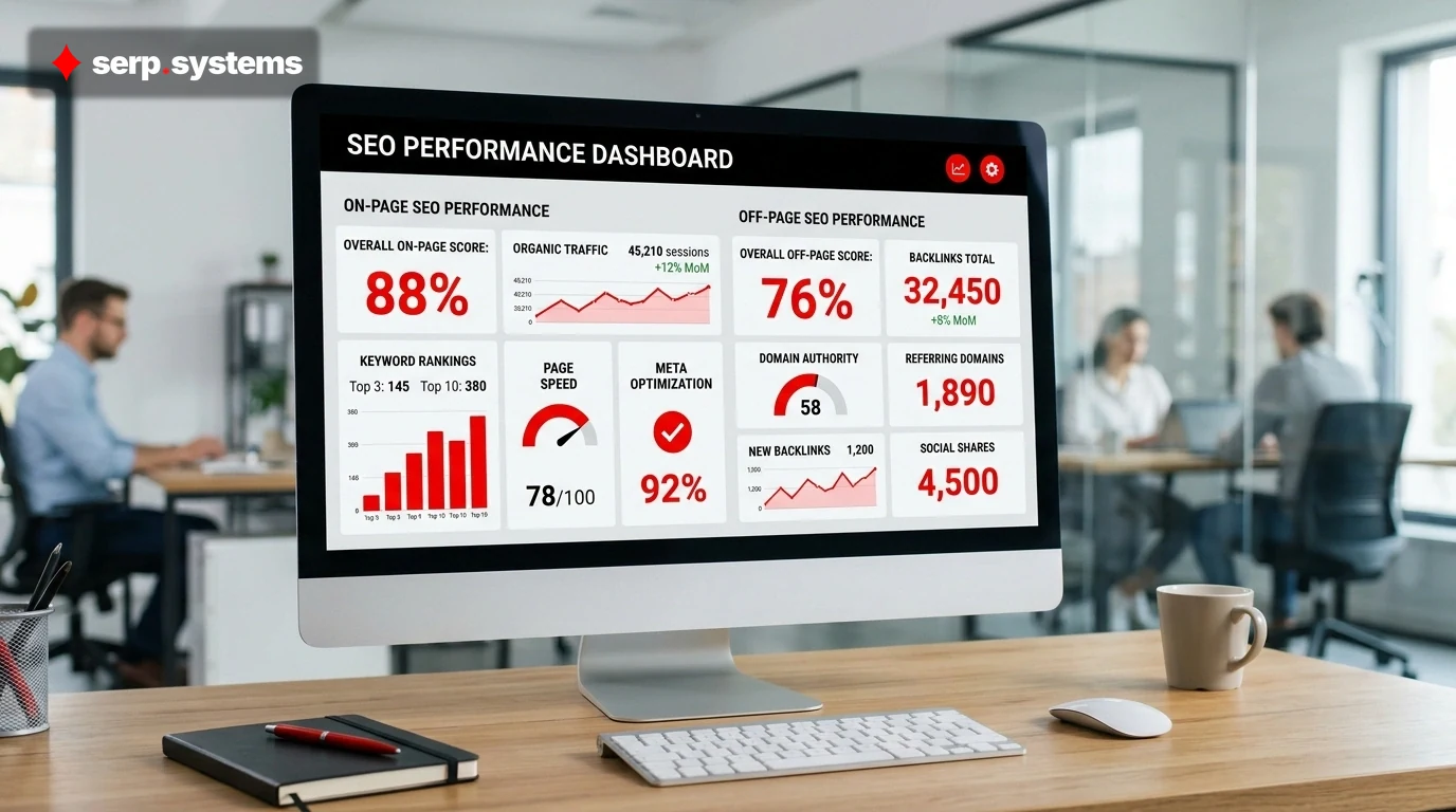 SEO metrics dashboard showing on-page and off-page performance indicators