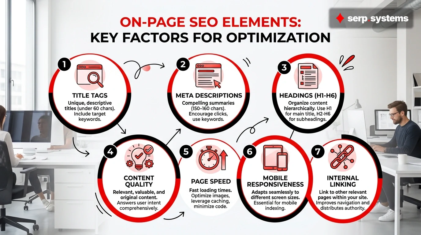 Infographic showing on-page SEO elements - includes title tags, meta descriptions, headings, content quality, page speed, mobile responsiveness, and internal linking