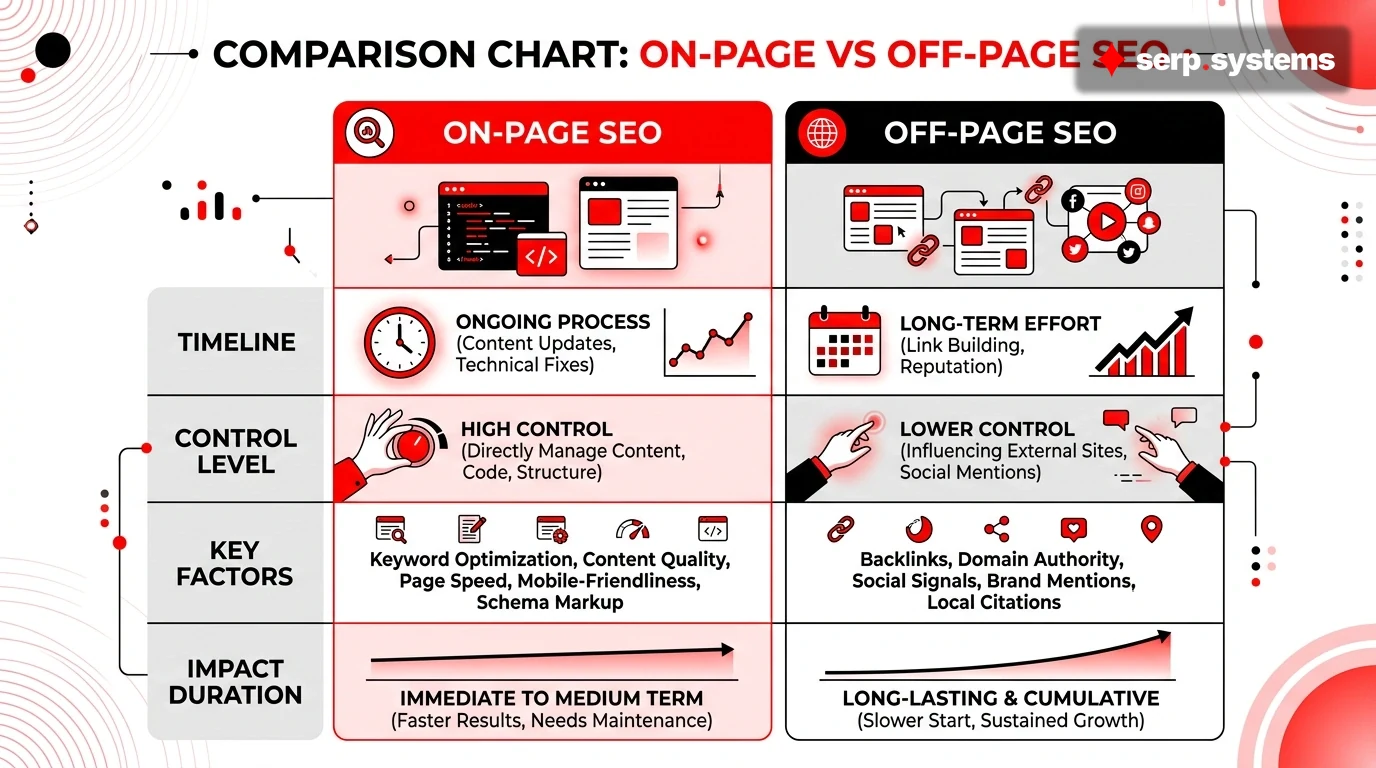 Comparison chart showing on-page vs off-page SEO - timeline, control level, key factors, and impact duration