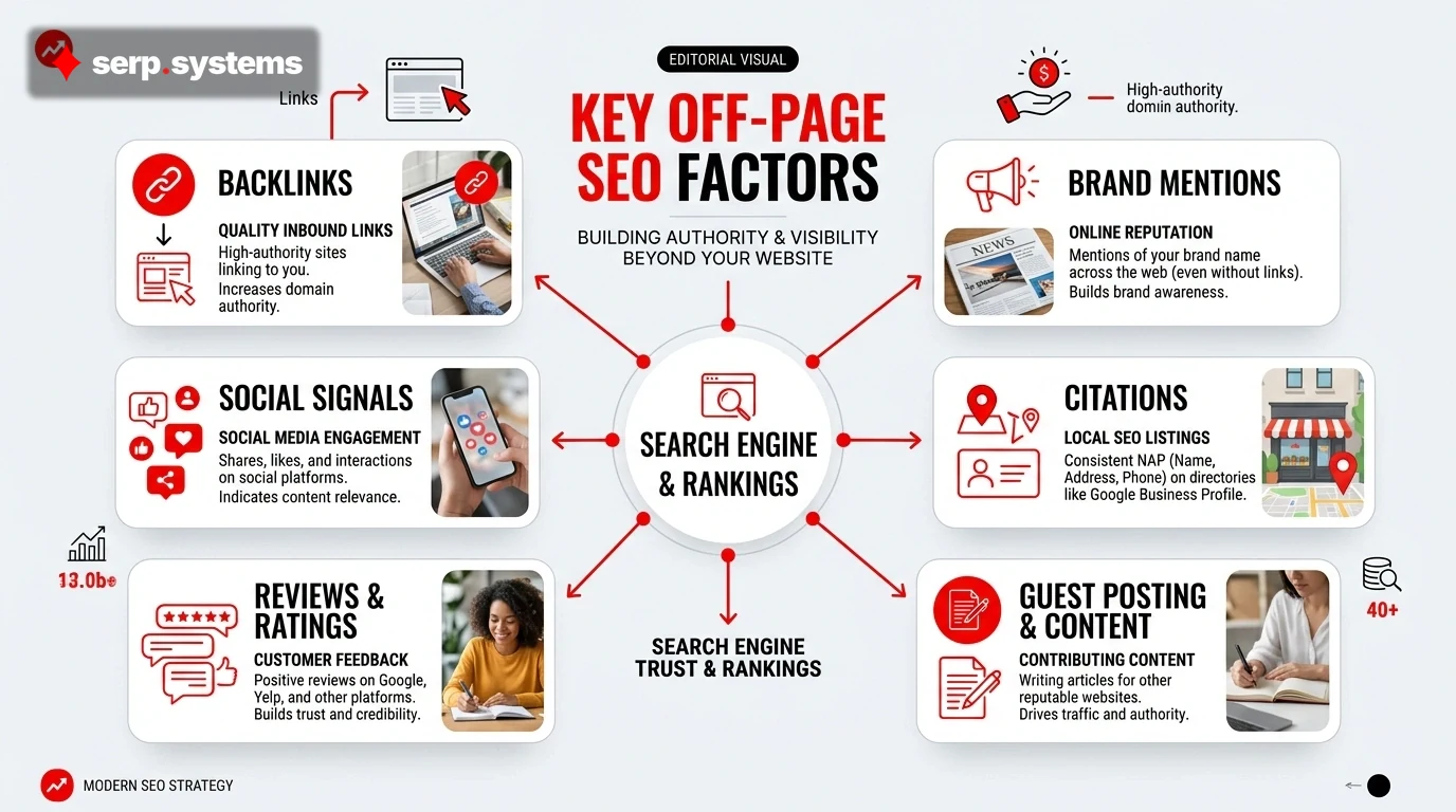 Infographic showing off-page SEO factors - backlinks, brand mentions, social signals, citations, reviews, and their interconnection